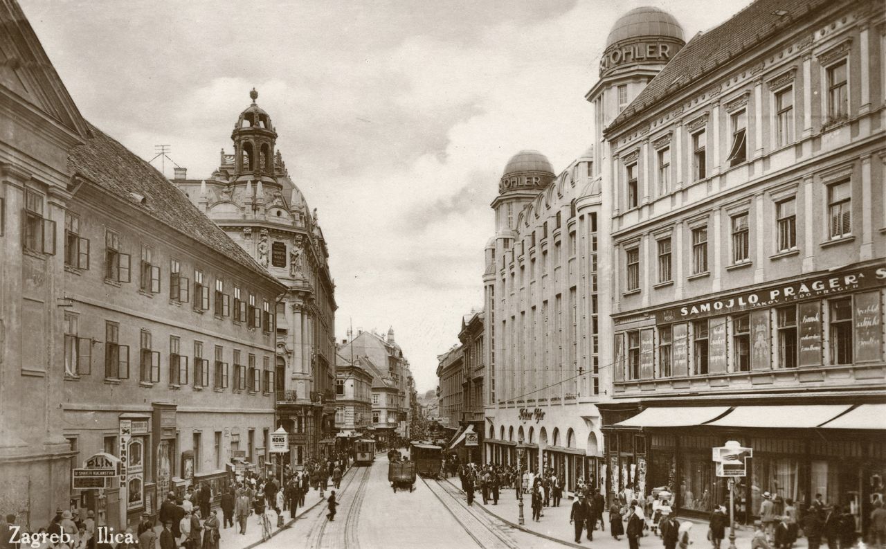 Ilica, oko 1930. godine. Sa lijeve strane nalazi se Zakladna bolnica Milosrdne braće, srušena oko 1931. godine